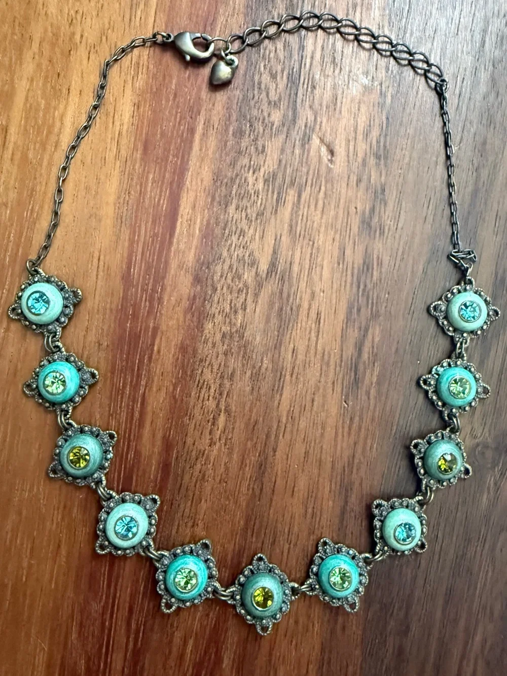 Vintage Art Deco Style Turquoise and Lime Rhinestone Statement Necklace